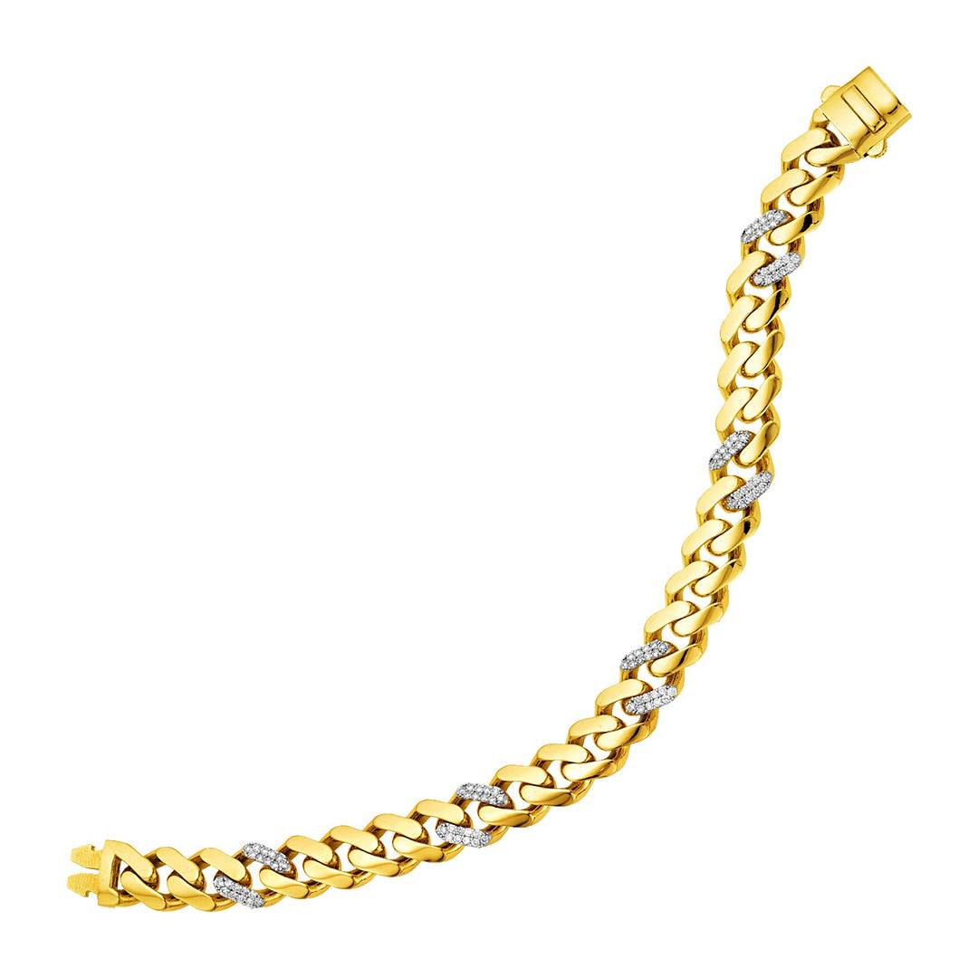 Brand New 14k Yellow Gold Polished Curb Chain Bracelet with Diamonds (9.50 mm)