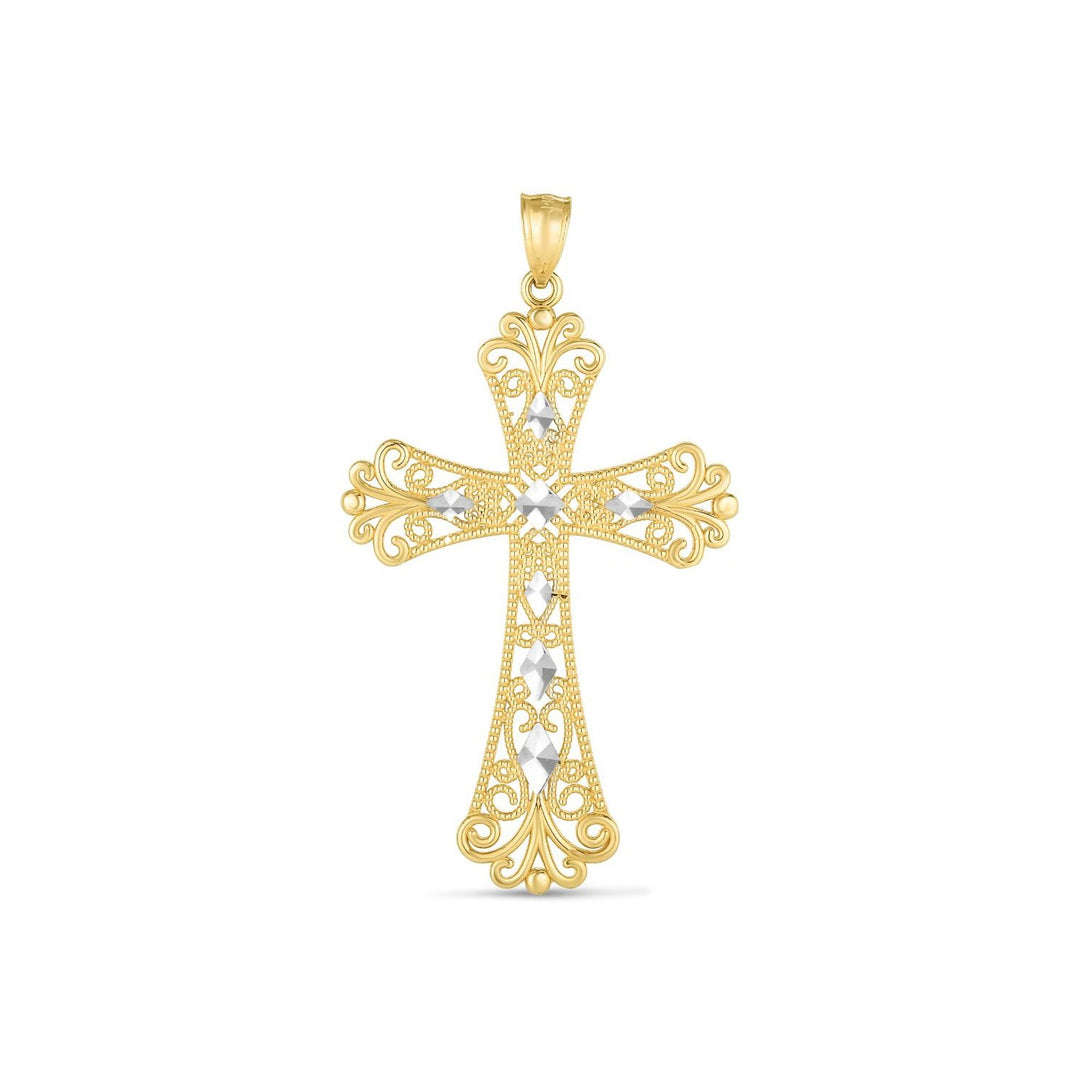 Brand New 14k Two Tone Gold High Polish Diamond Cut Cross Pendant