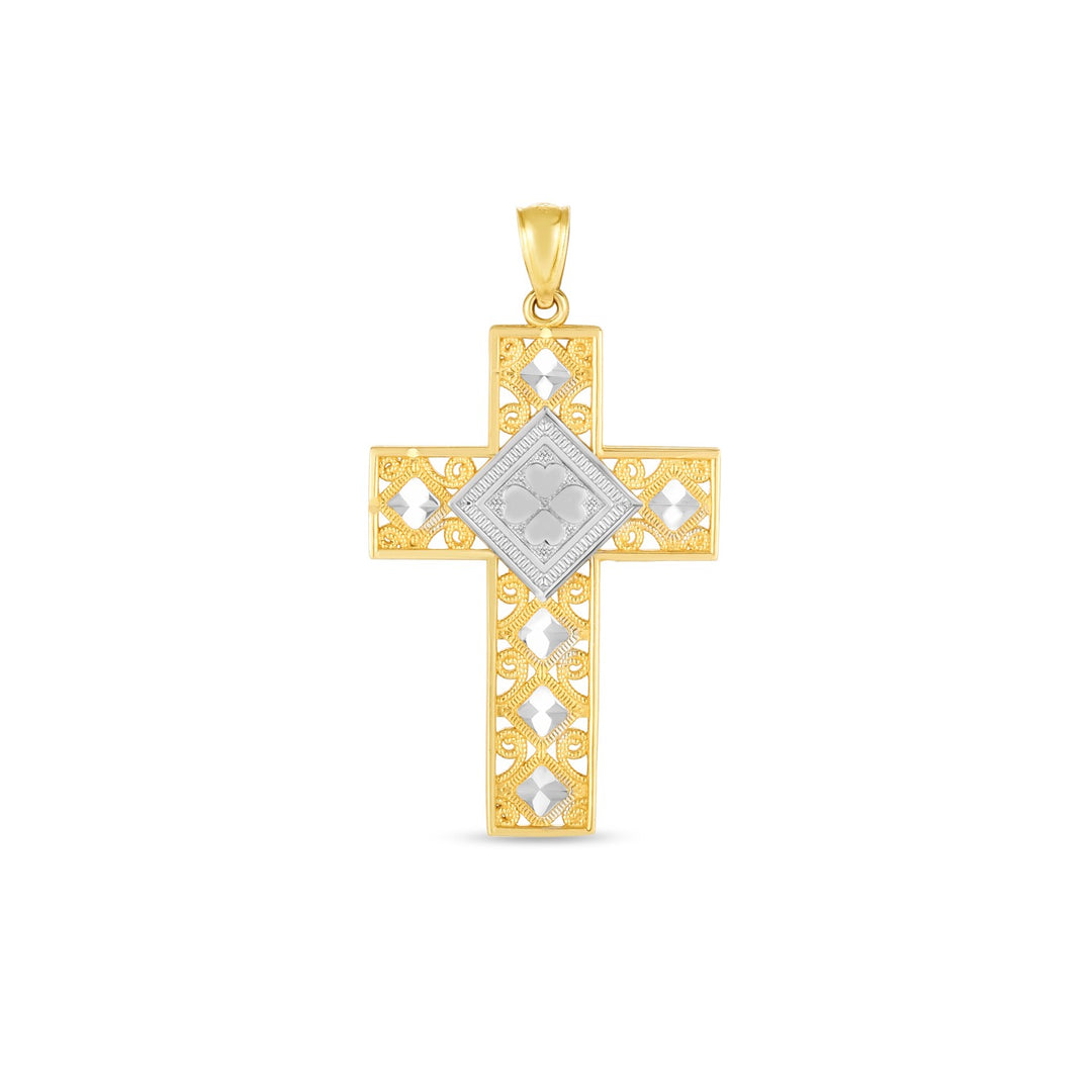 Brand New 14k Two Tone Gold High Polish Diamond Cut Cross Pendant