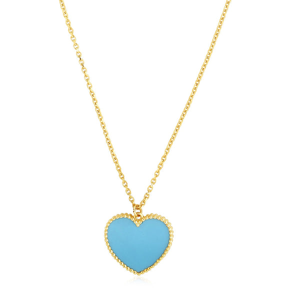 Brand New 14k Yellow Gold High Polish Heart Turquoise Paste Necklace