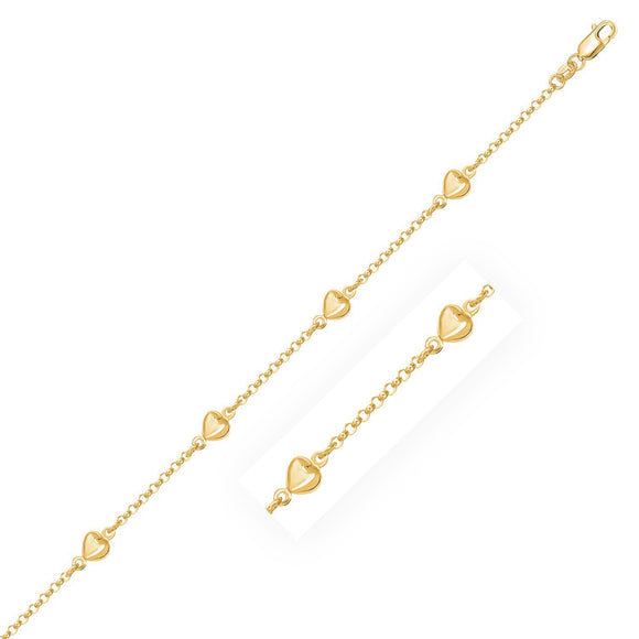 Brand New 14k Yellow Gold Rolo Chain Bracelet with Puffed Heart Stations (3.30 mm)