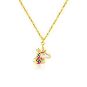 Brand New 14k Yellow Gold Children's Necklace with Enameled Unicorn Pendant