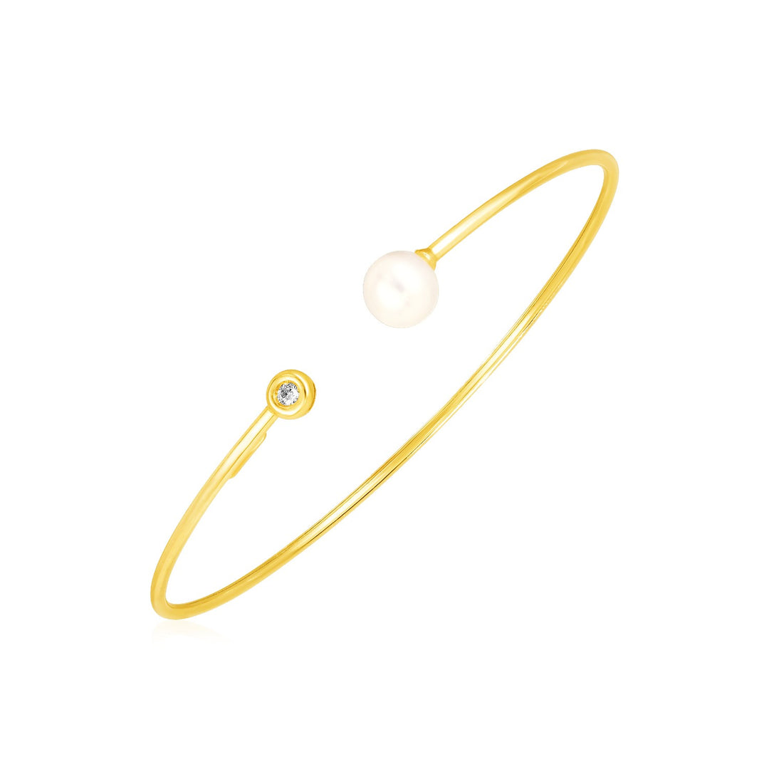 Brand New 14k Yellow Gold Cuff Bangle with Pearl and Diamond (3.00 mm)