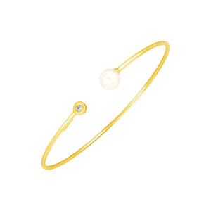 Brand New 14k Yellow Gold Cuff Bangle with Pearl and Diamond (3.00 mm)