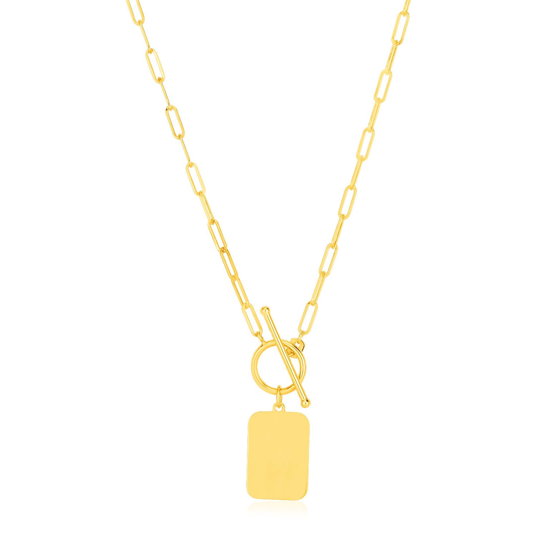 Brand New 14k Yellow Gold Paperclip Chain Necklace with Rounded Rectangle Pendant