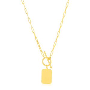 Brand New 14k Yellow Gold Paperclip Chain Necklace with Rounded Rectangle Pendant