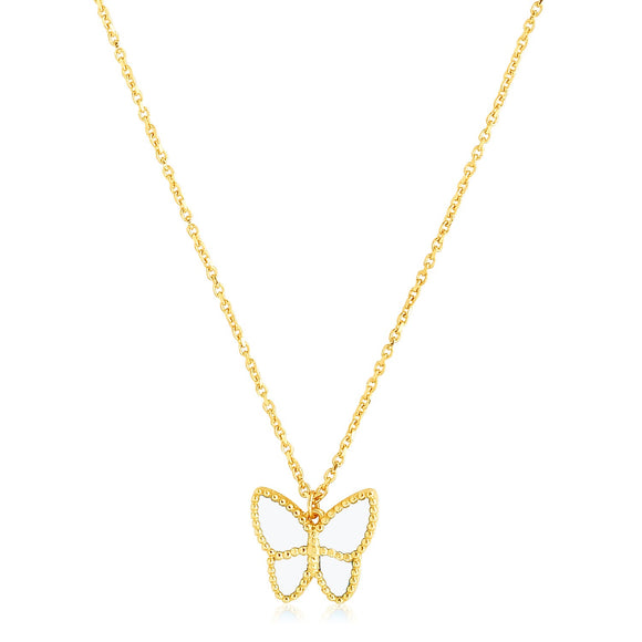 Brand New 14k Yellow Gold High Polish Butterfly Peral Paste Necklace