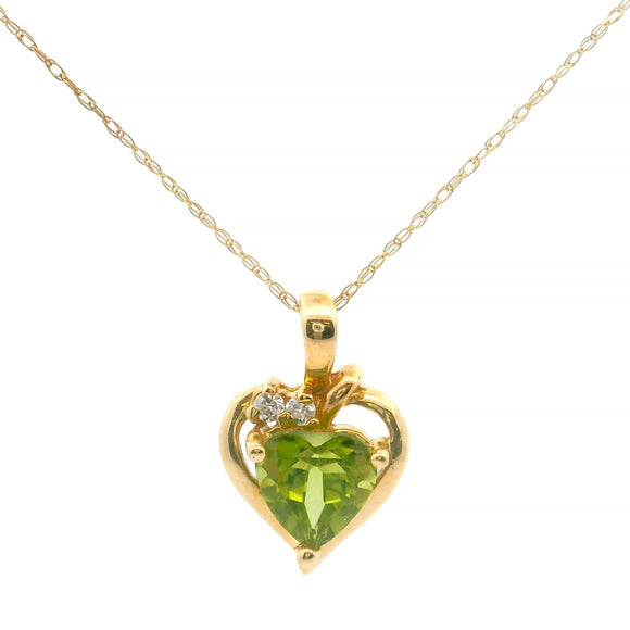 10k Yellow Gold Peridot and Diamond Heart Pendant Necklace 18