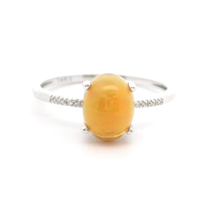 14k White Gold Orange Cabochon Opal and Diamond Ladies Ring Size 7