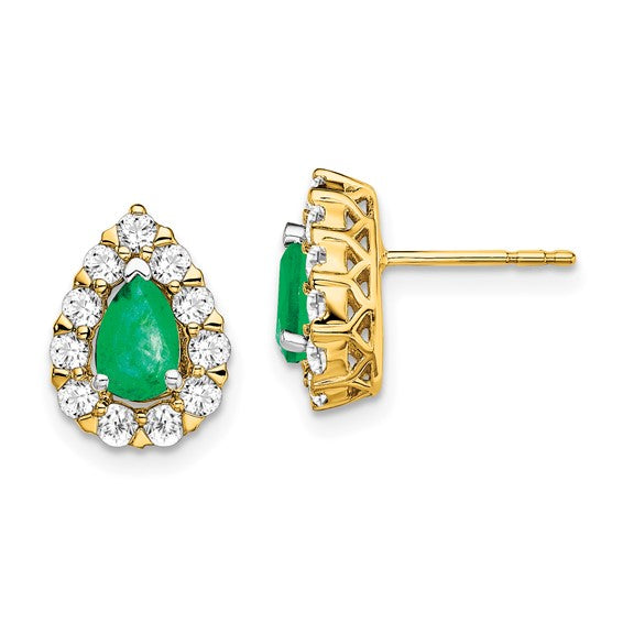 Brand New 14k Yellow Gold Emerald and Diamond Halo Post Earrings
