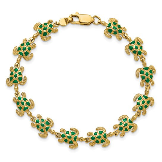 Brand New 14k Yellow Gold Green Enamel Sea Turtle Bracelet 7.25