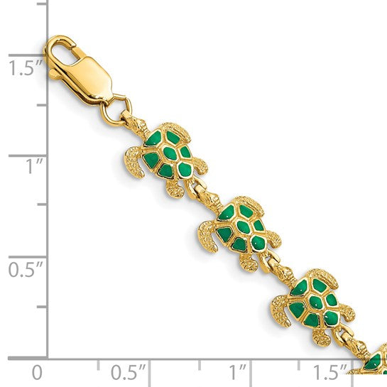 Brand New 14k Yellow Gold Green Enamel Sea Turtle Bracelet 7.25"