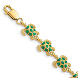 Brand New 14k Yellow Gold Green Enamel Sea Turtle Bracelet 7.25"
