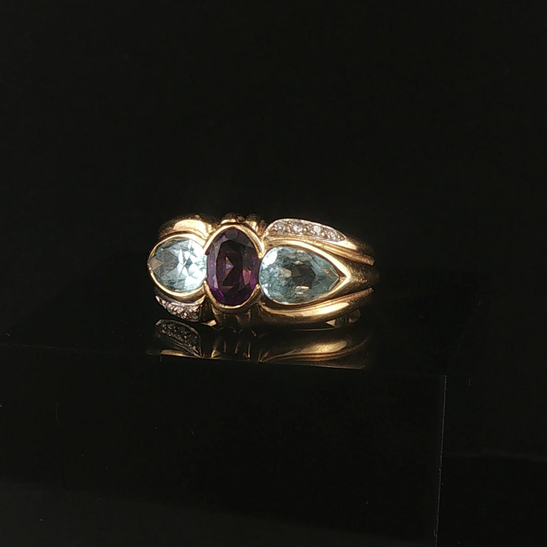 18k Yellow Gold Amethyst Topaz and Diamond Vintage Ring Size 7