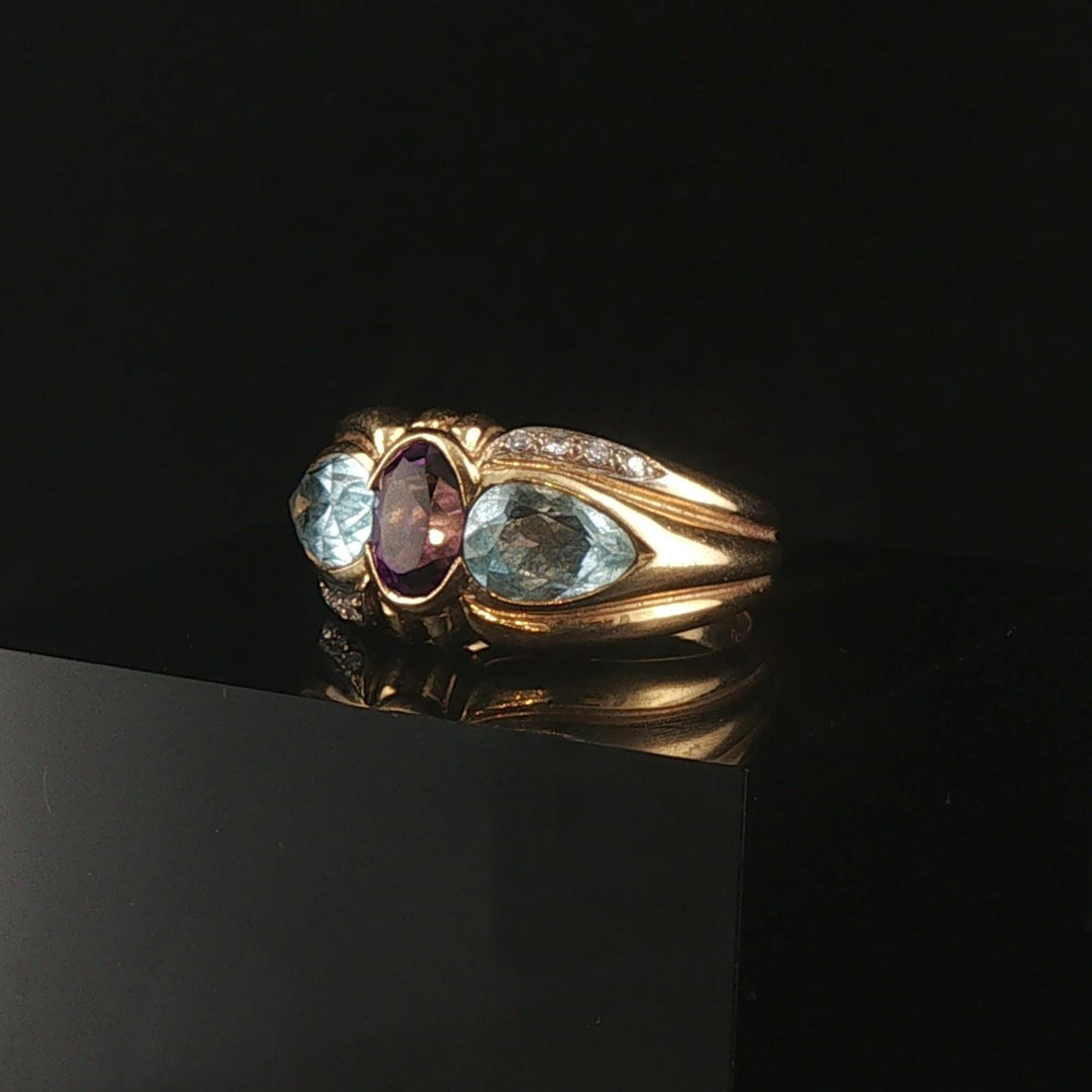 18k Yellow Gold Amethyst Topaz and Diamond Vintage Ring Size 7