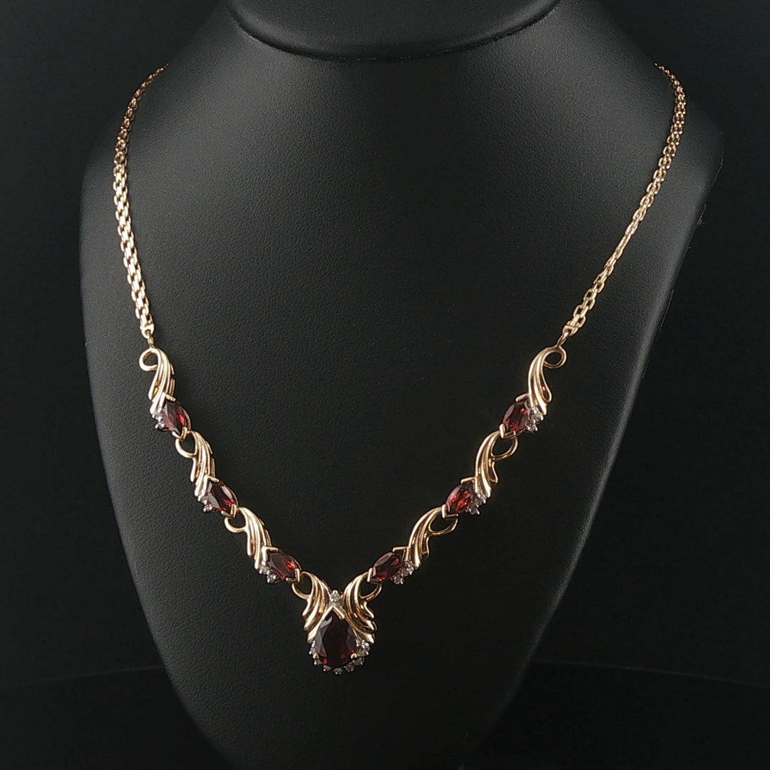 14k Yellow Gold Red Garnet and Diamond Pendant Bismark Link Necklace 19"
