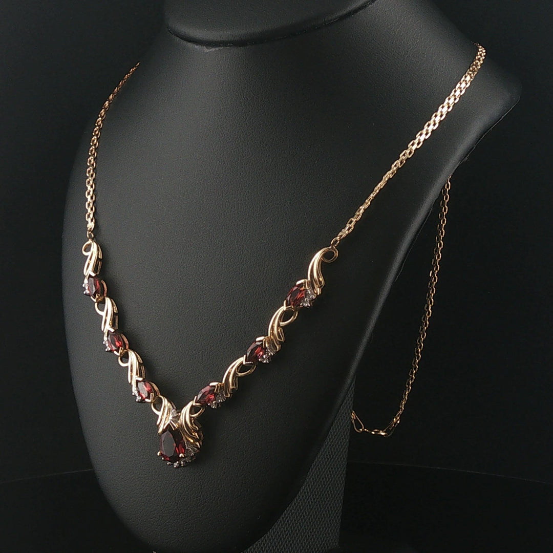 14k Yellow Gold Red Garnet and Diamond Pendant Bismark Link Necklace 19"