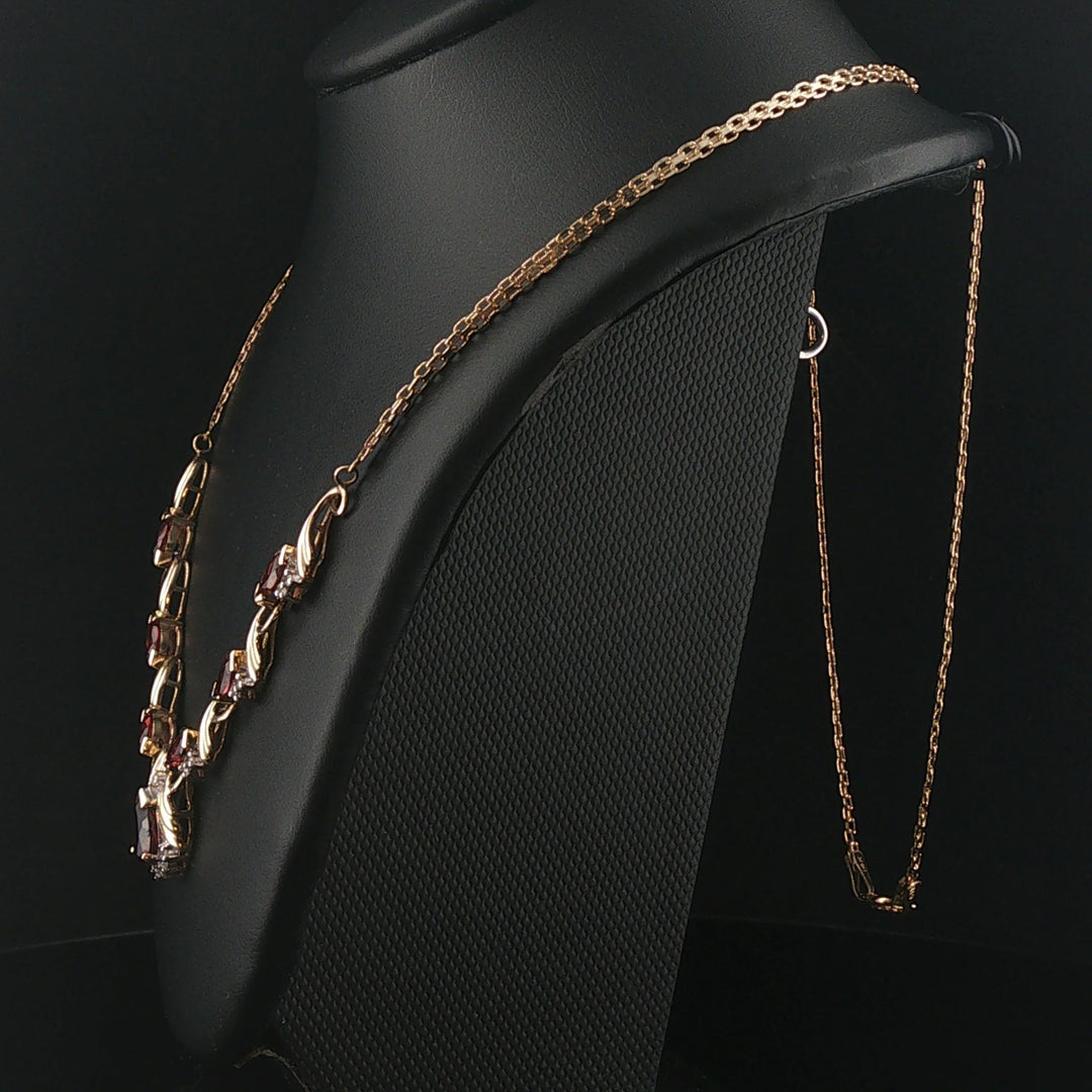 14k Yellow Gold Red Garnet and Diamond Pendant Bismark Link Necklace 19"