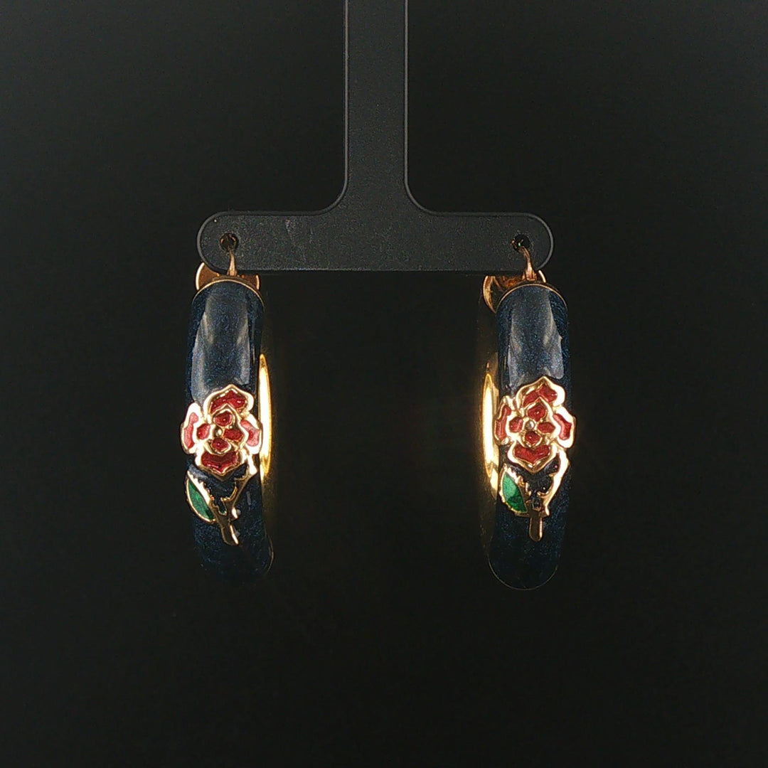14k Yellow Gold and Enamel 14.5g Large Thick Floral Hoop Earrings Italy 1.75"