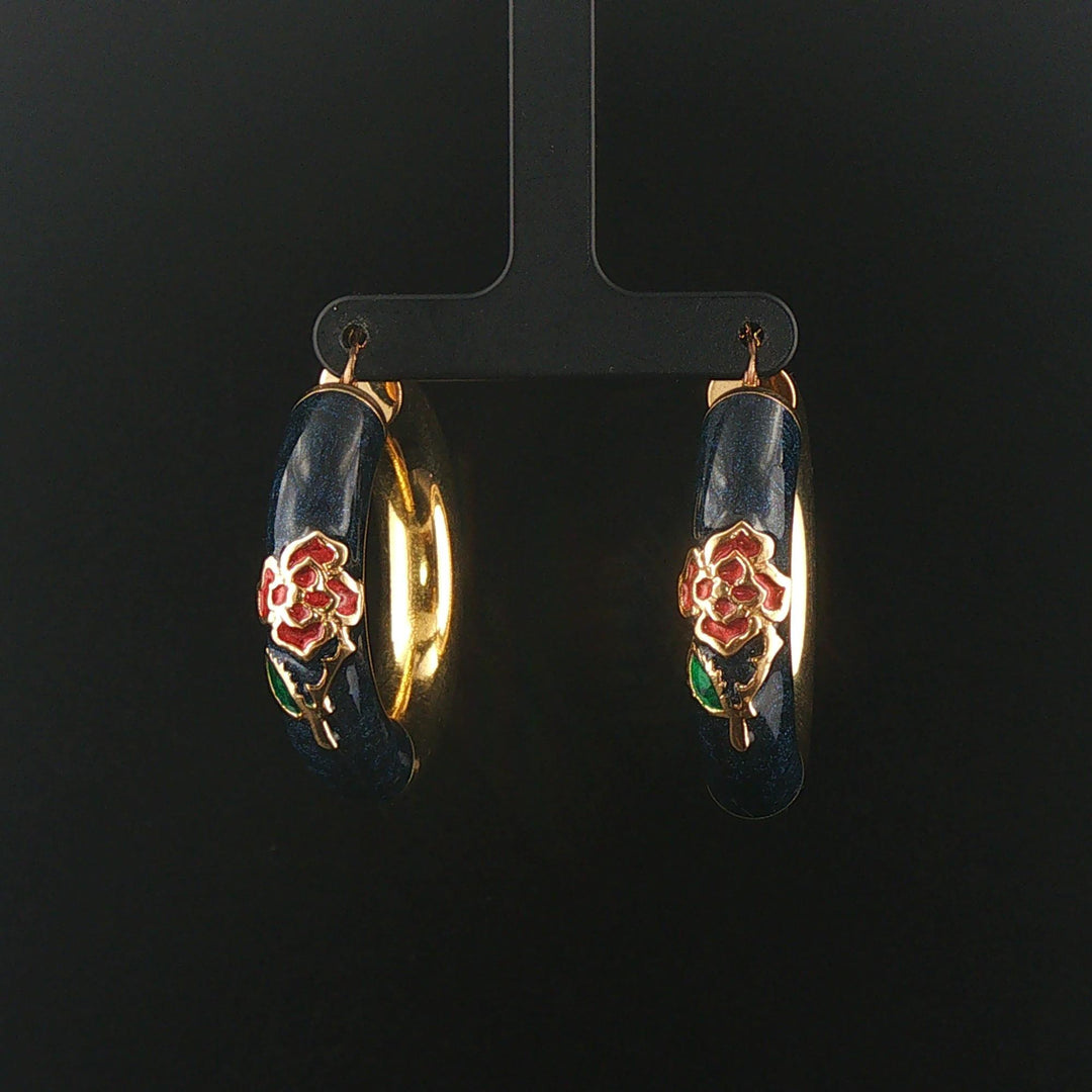 14k Yellow Gold and Enamel 14.5g Large Thick Floral Hoop Earrings Italy 1.75"