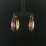 14k Yellow Gold and Enamel 14.5g Large Thick Floral Hoop Earrings Italy 1.75"