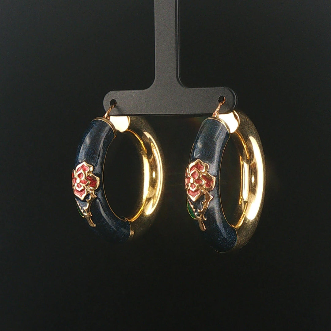 14k Yellow Gold and Enamel 14.5g Large Thick Floral Hoop Earrings Italy 1.75"