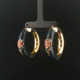 14k Yellow Gold and Enamel 14.5g Large Thick Floral Hoop Earrings Italy 1.75"
