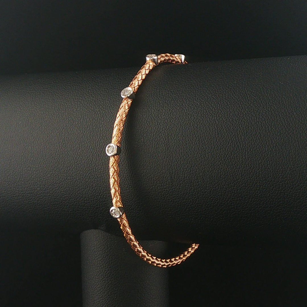 14k Rose and White Gold 0.10cttw Diamond Flex Bangle Bracelet Italy 7"