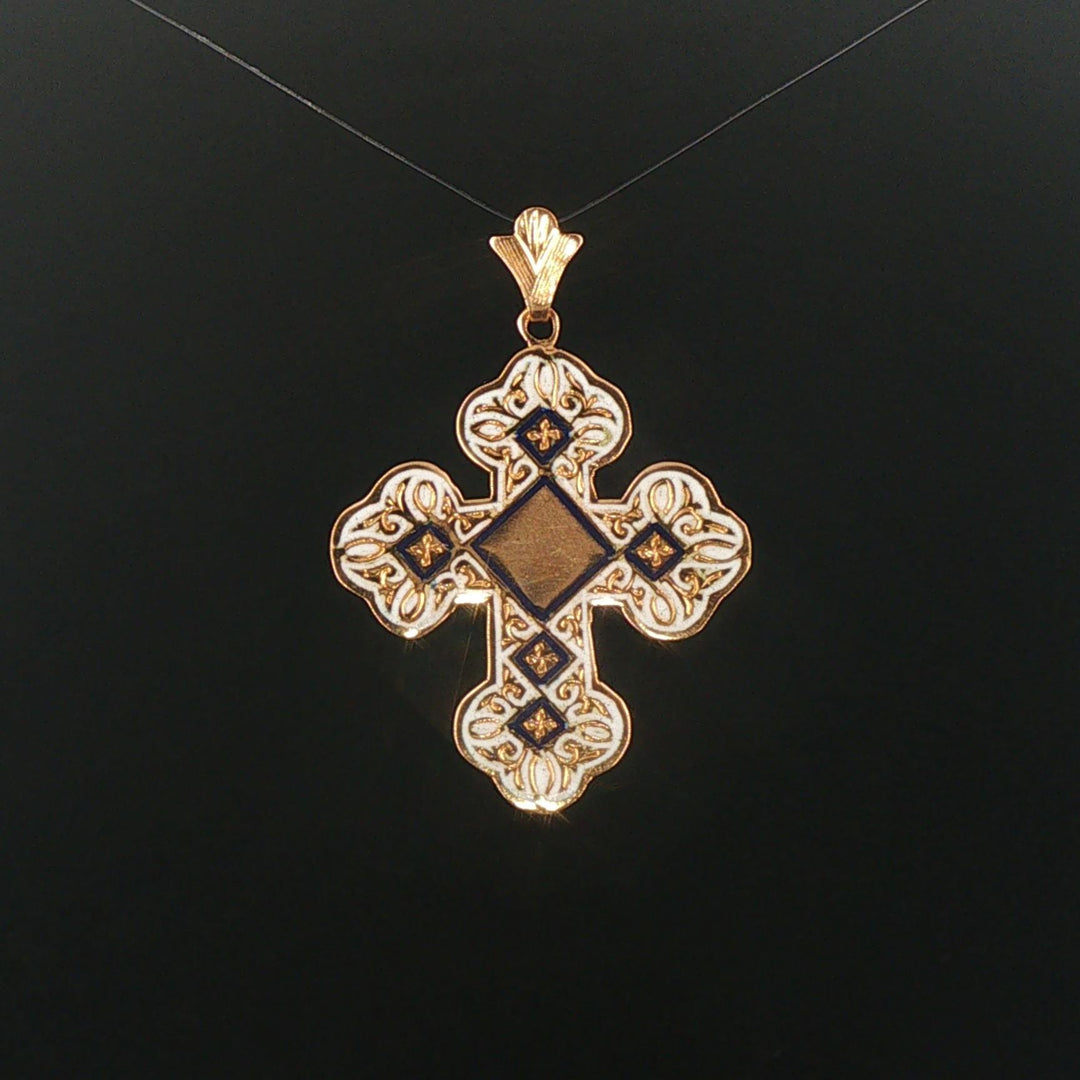 18k Yellow Gold and Enamel 7.3g Vintage Cross Pendant 1.75"