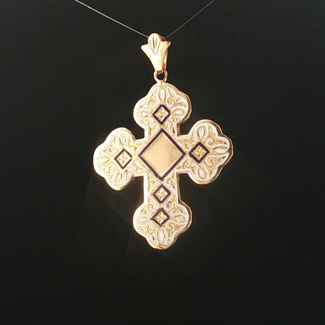18k Yellow Gold and Enamel 7.3g Vintage Cross Pendant 1.75"