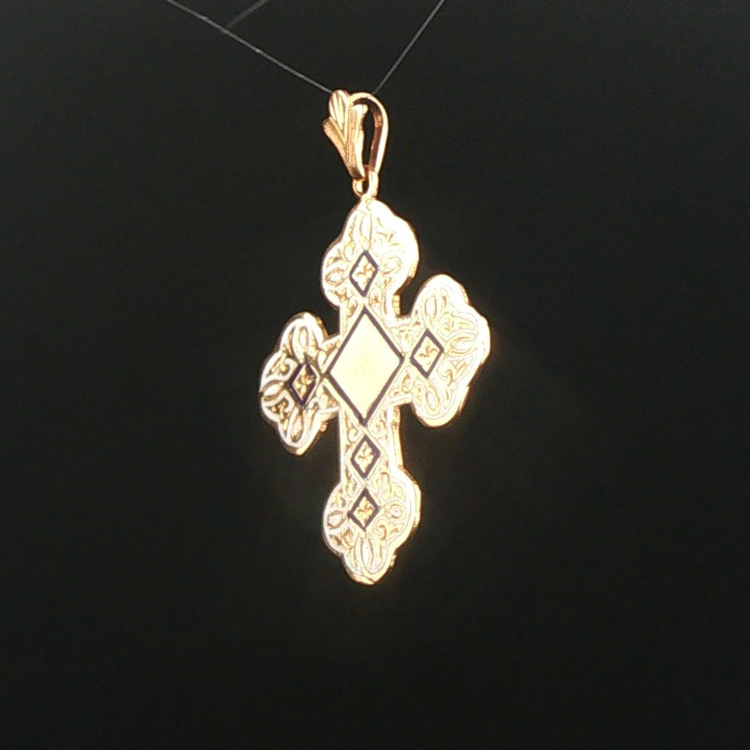 18k Yellow Gold and Enamel 7.3g Vintage Cross Pendant 1.75"