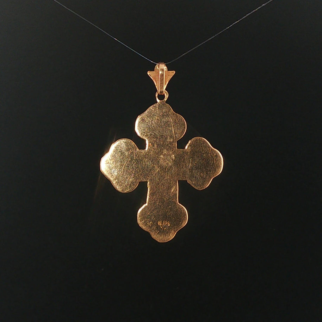 18k Yellow Gold and Enamel 7.3g Vintage Cross Pendant 1.75"