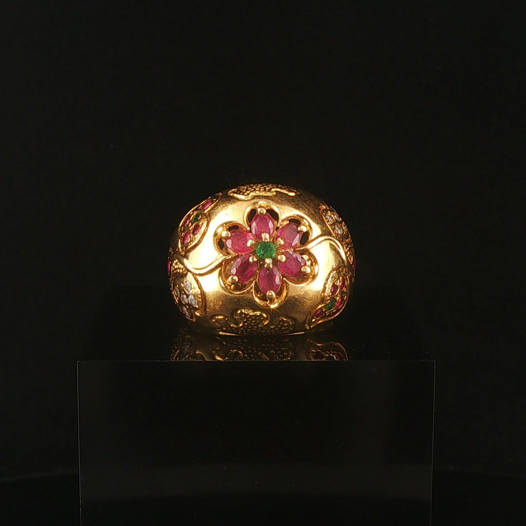 18k Yellow Gold 10.8g Vintage Ruby Emerald and Diamond Bombe Ring Size 7.75