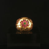 18k Yellow Gold 10.8g Vintage Ruby Emerald and Diamond Bombe Ring Size 7.75