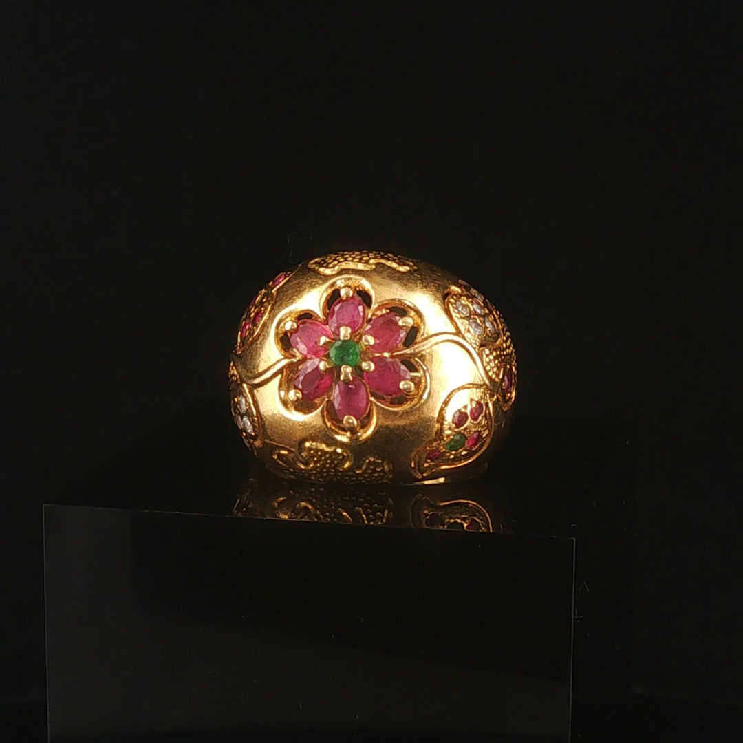 18k Yellow Gold 10.8g Vintage Ruby Emerald and Diamond Bombe Ring Size 7.75