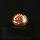18k Yellow Gold 10.8g Vintage Ruby Emerald and Diamond Bombe Ring Size 7.75