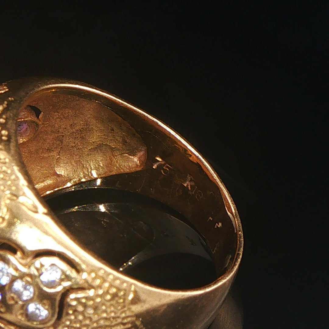 18k Yellow Gold 10.8g Vintage Ruby Emerald and Diamond Bombe Ring Size 7.75