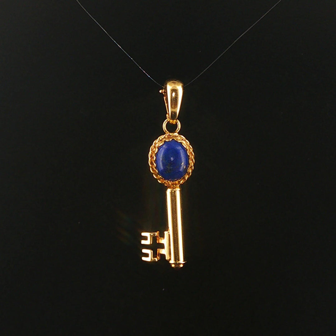 14k Yellow Gold and Lapis Lazuli 4.6g Vintage Key Pendant Italy 1.75"