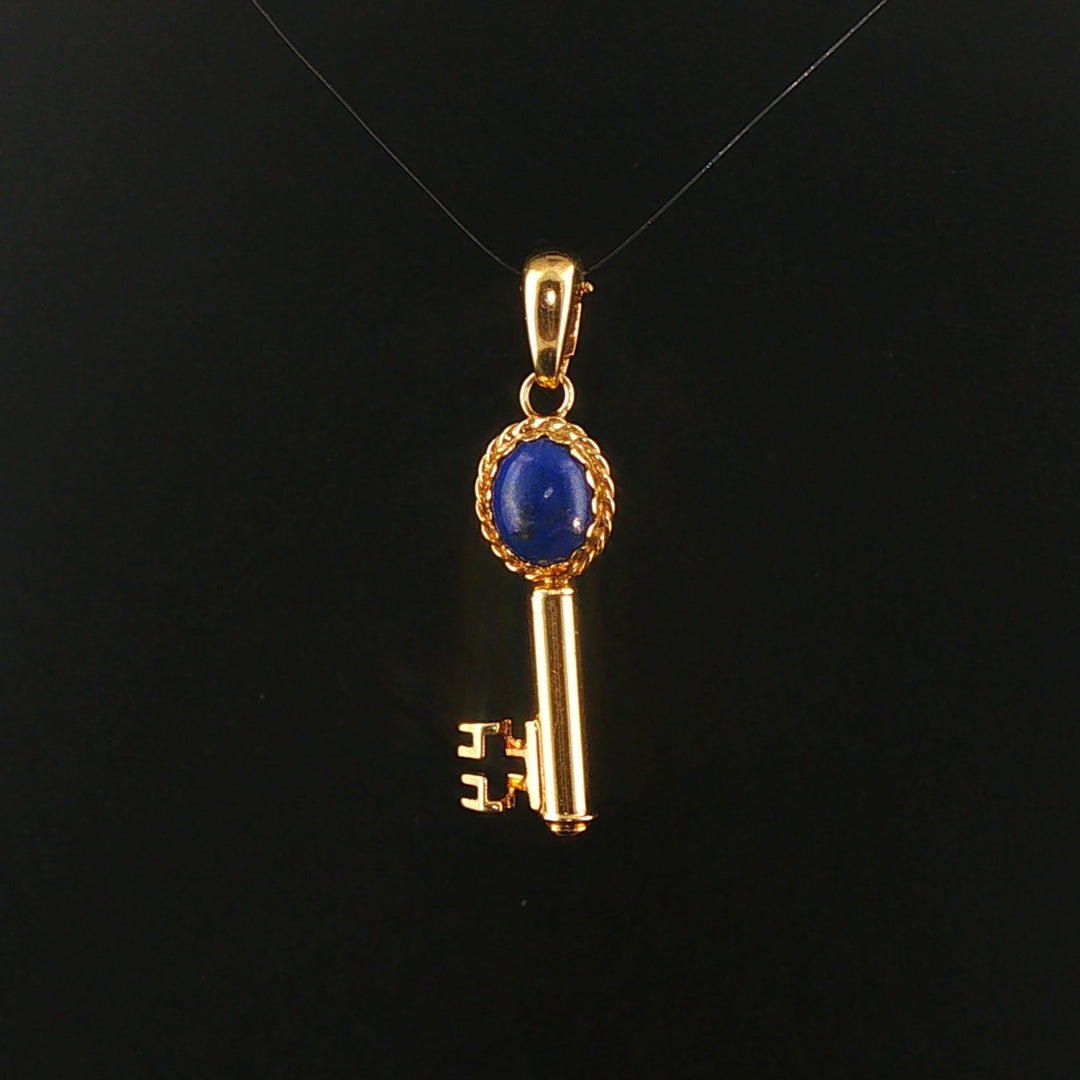 14k Yellow Gold and Lapis Lazuli 4.6g Vintage Key Pendant Italy 1.75"
