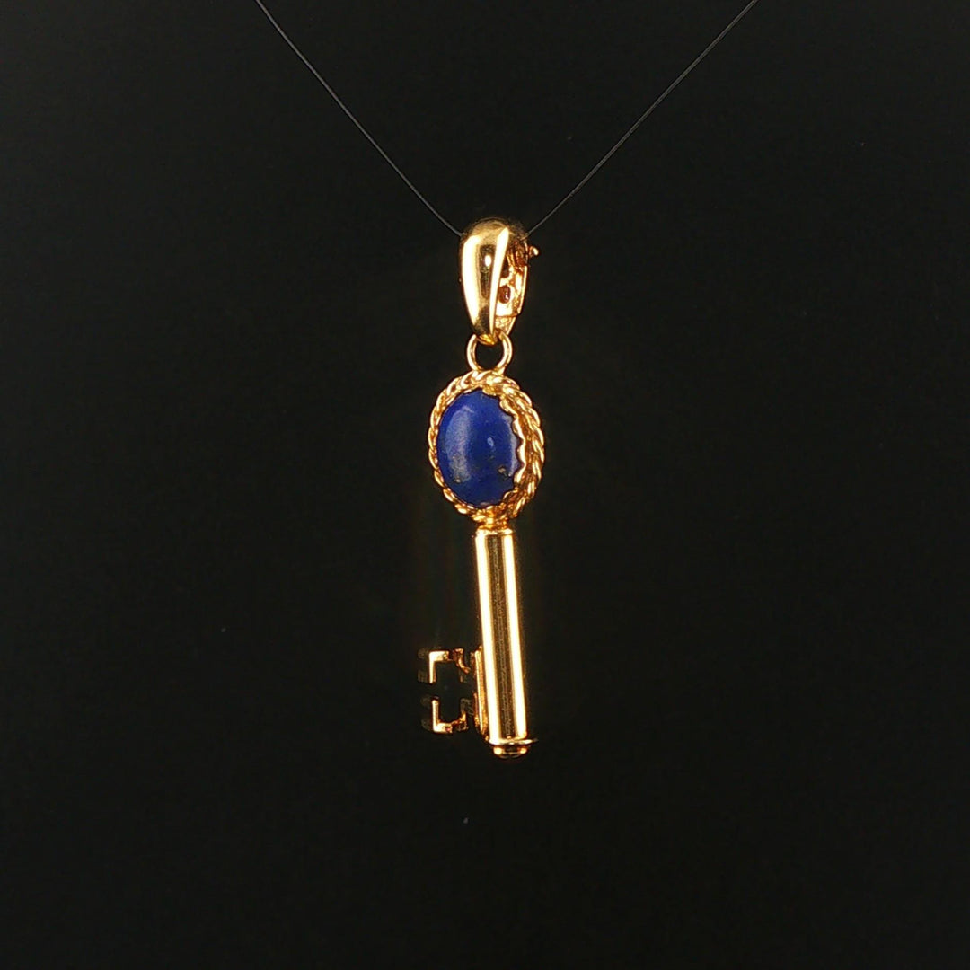 14k Yellow Gold and Lapis Lazuli 4.6g Vintage Key Pendant Italy 1.75"