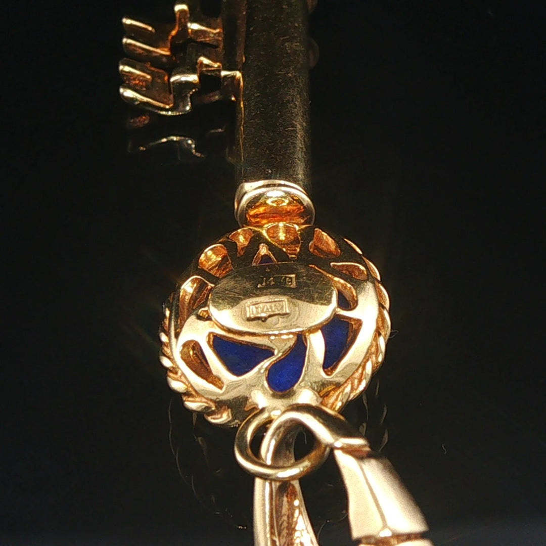 14k Yellow Gold and Lapis Lazuli 4.6g Vintage Key Pendant Italy 1.75"