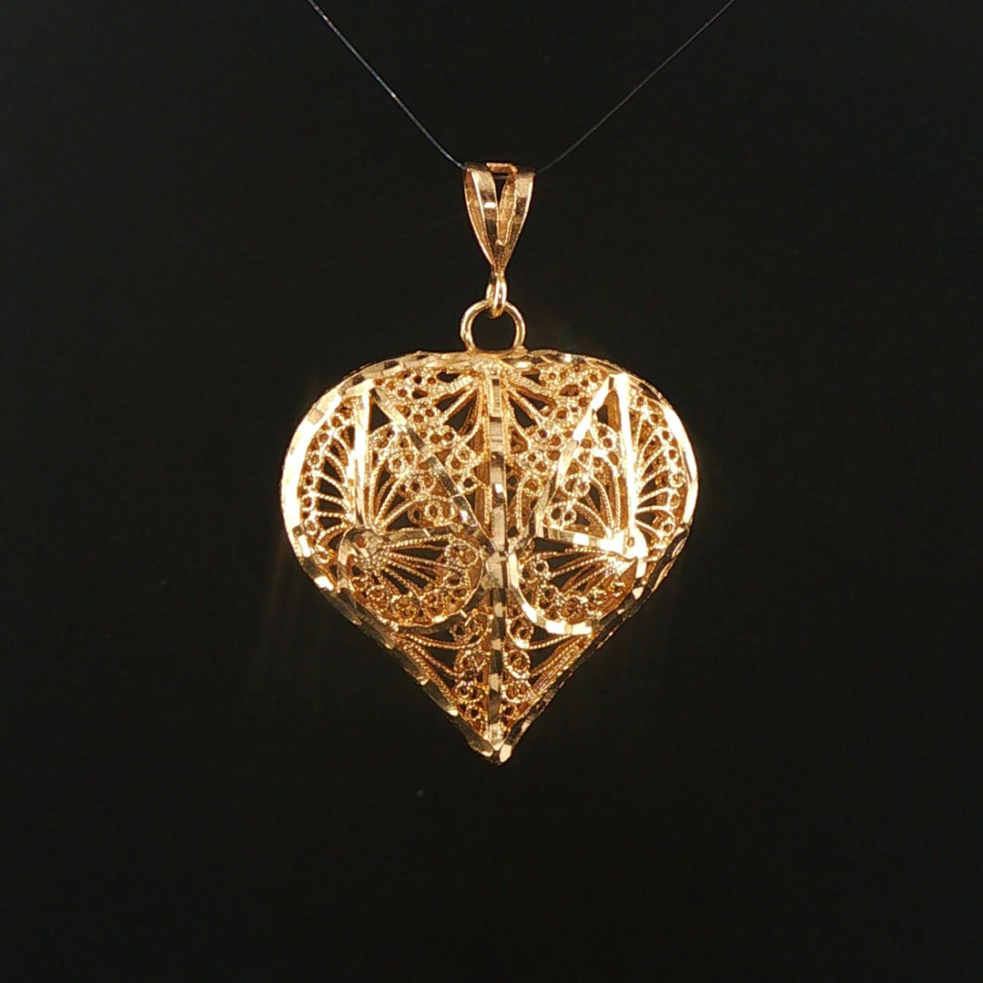 14k Yellow Gold 9.2g Vintage Diamond Cut Large Heart Pendant 1.75"