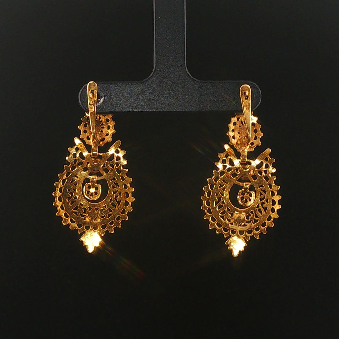 19k Portuguese Yellow Gold 7.9g Solid Vintage Drop Dangle Fancy Earrings 1.5"