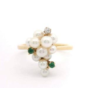 14k Yellow Gold 3.4g Pearl Emerald and Diamond Cluster Ring Size 6.5