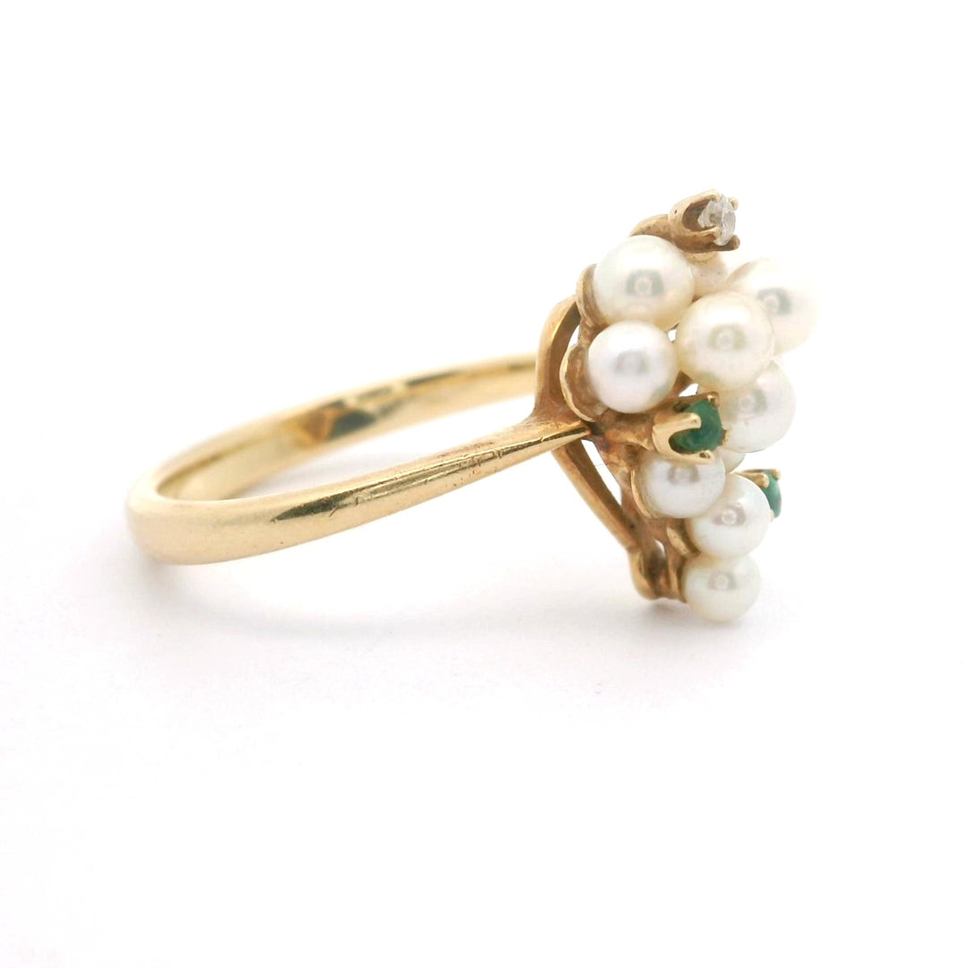 14k Yellow Gold 3.4g Pearl Emerald and Diamond Cluster Ring Size 6.5