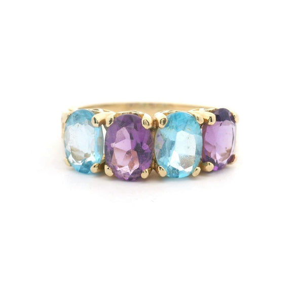 14k Yellow Gold Ladies Four Stone Amethyst and Topaz Ring Size 6.75