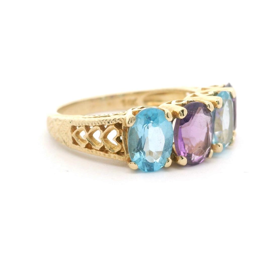 14k Yellow Gold Ladies Four Stone Amethyst and Topaz Ring Size 6.75