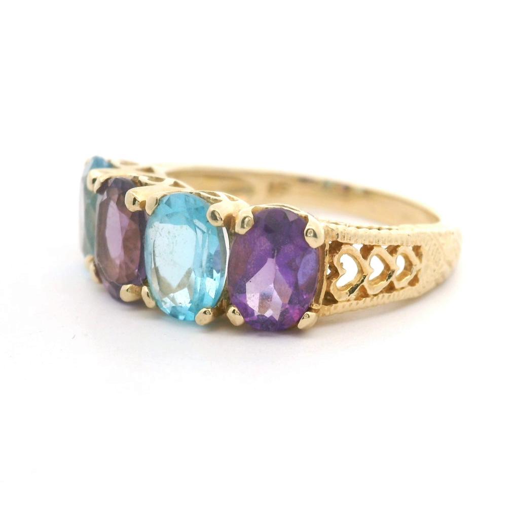 14k Yellow Gold Ladies Four Stone Amethyst and Topaz Ring Size 6.75