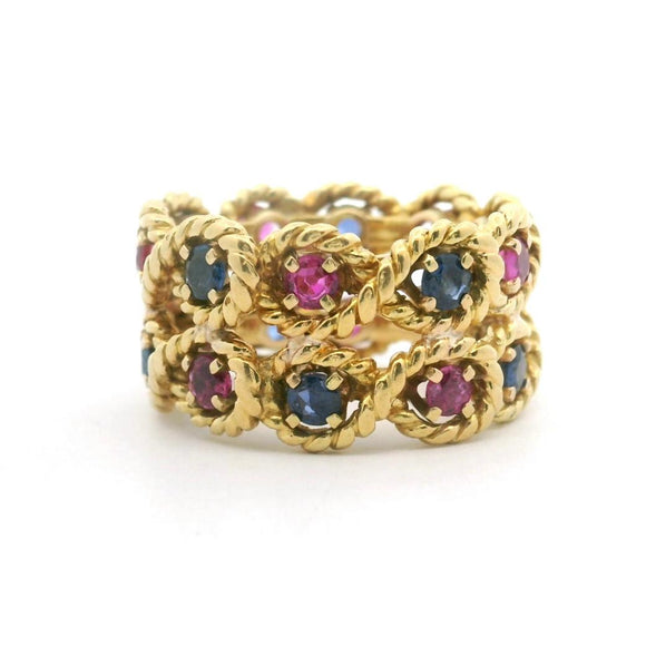 18k Yellow Gold 12g Pink and Blue Sapphire 12mm Twisted Rope Band Ring Size 6