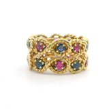 18k Yellow Gold 12g Pink and Blue Sapphire 12mm Twisted Rope Band Ring Size 6